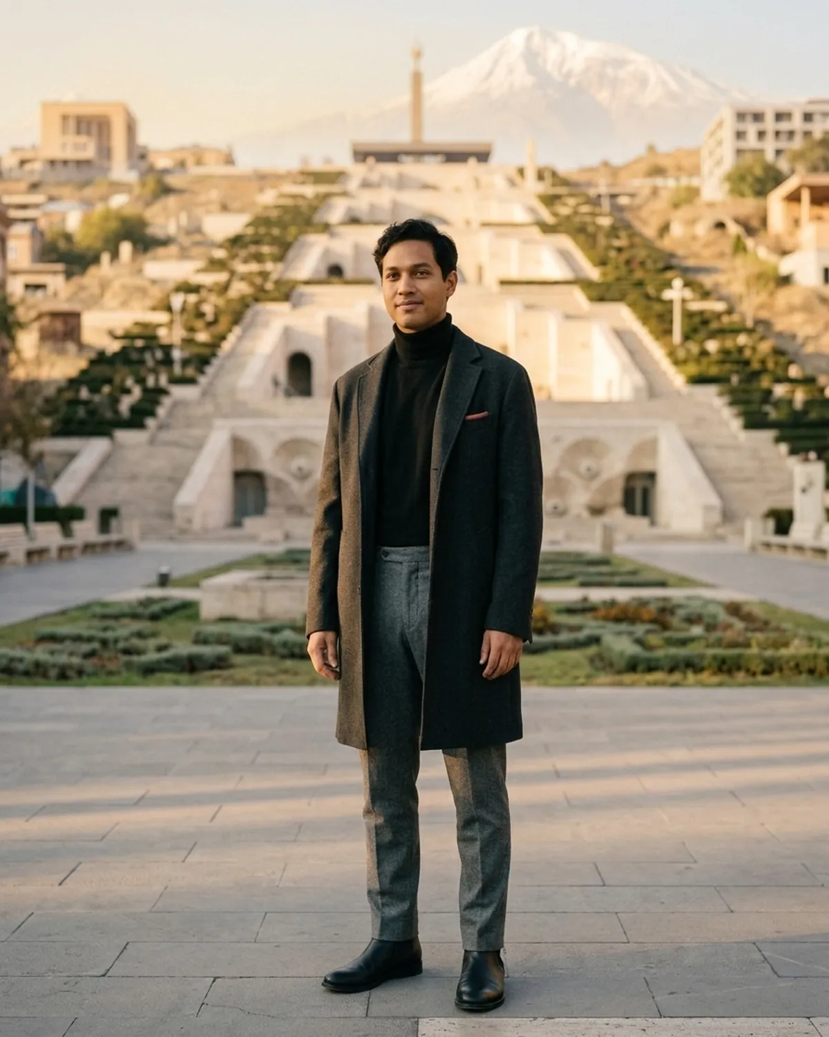 An avatar in front of a sunset skyline with a mountain and stepped terraces, a preview of the city backdrops.