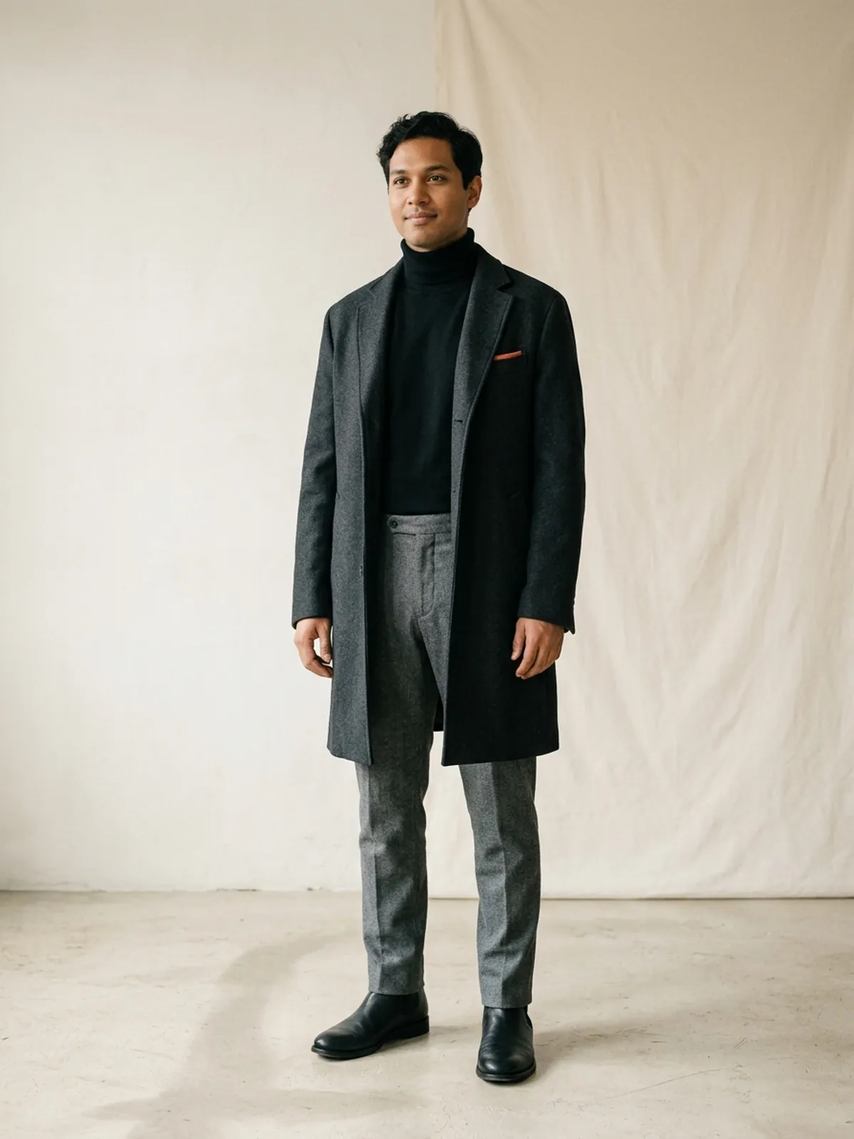 An avatar dressed for a cold morning: black turtleneck, grey wool trousers and a charcoal overcoat.