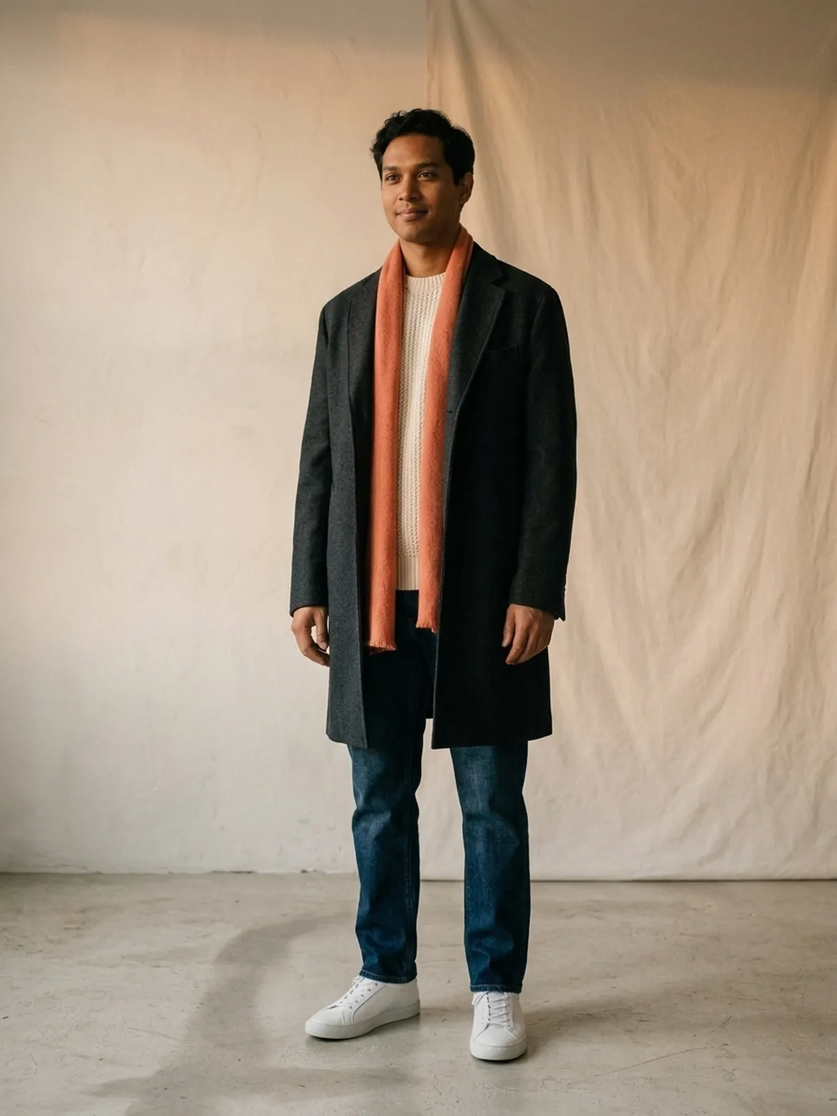 An avatar dressed for the evening: cream knit and dark jeans under a charcoal overcoat.