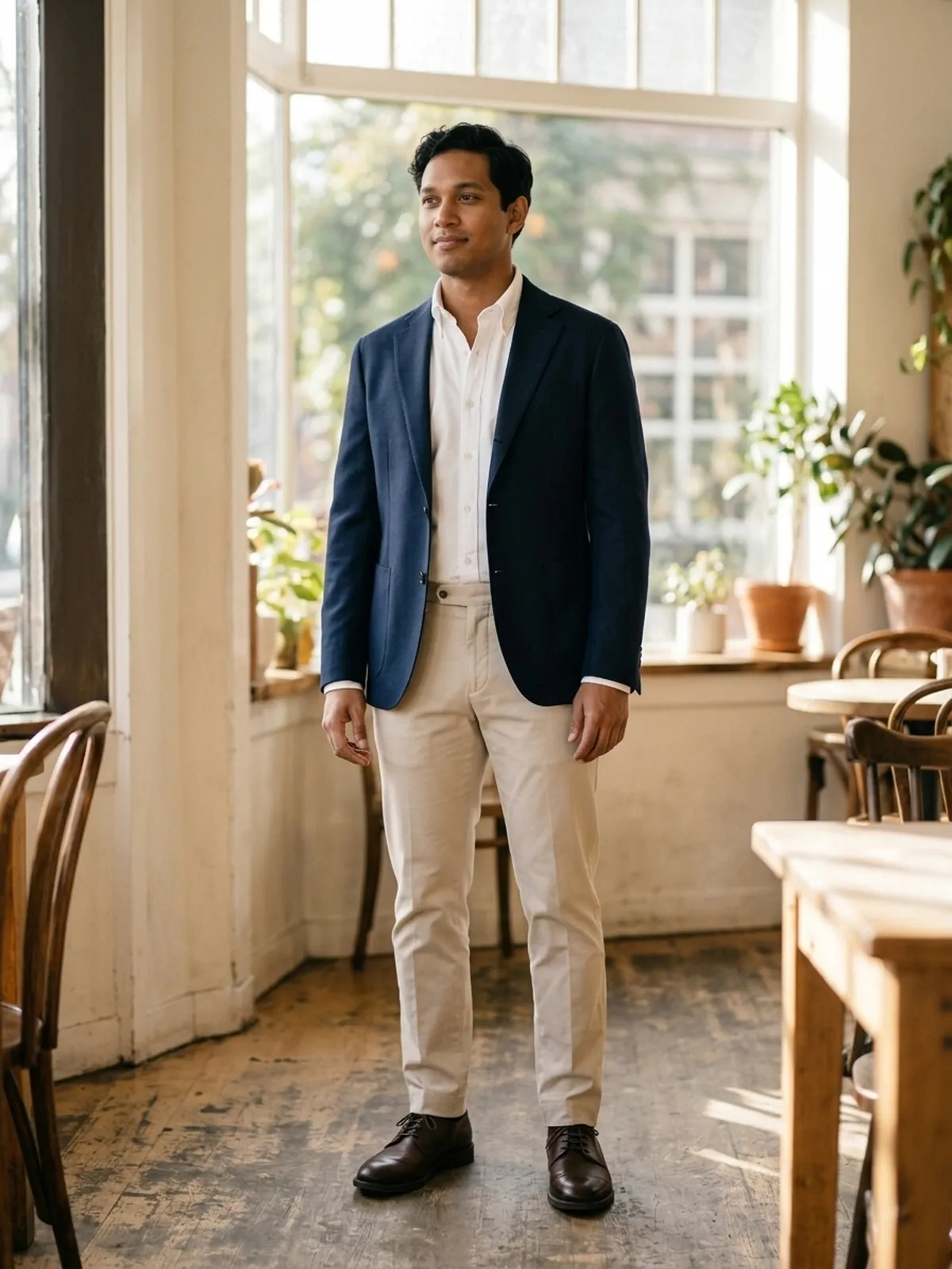 An avatar in a wedding guest look, in a studio shot.