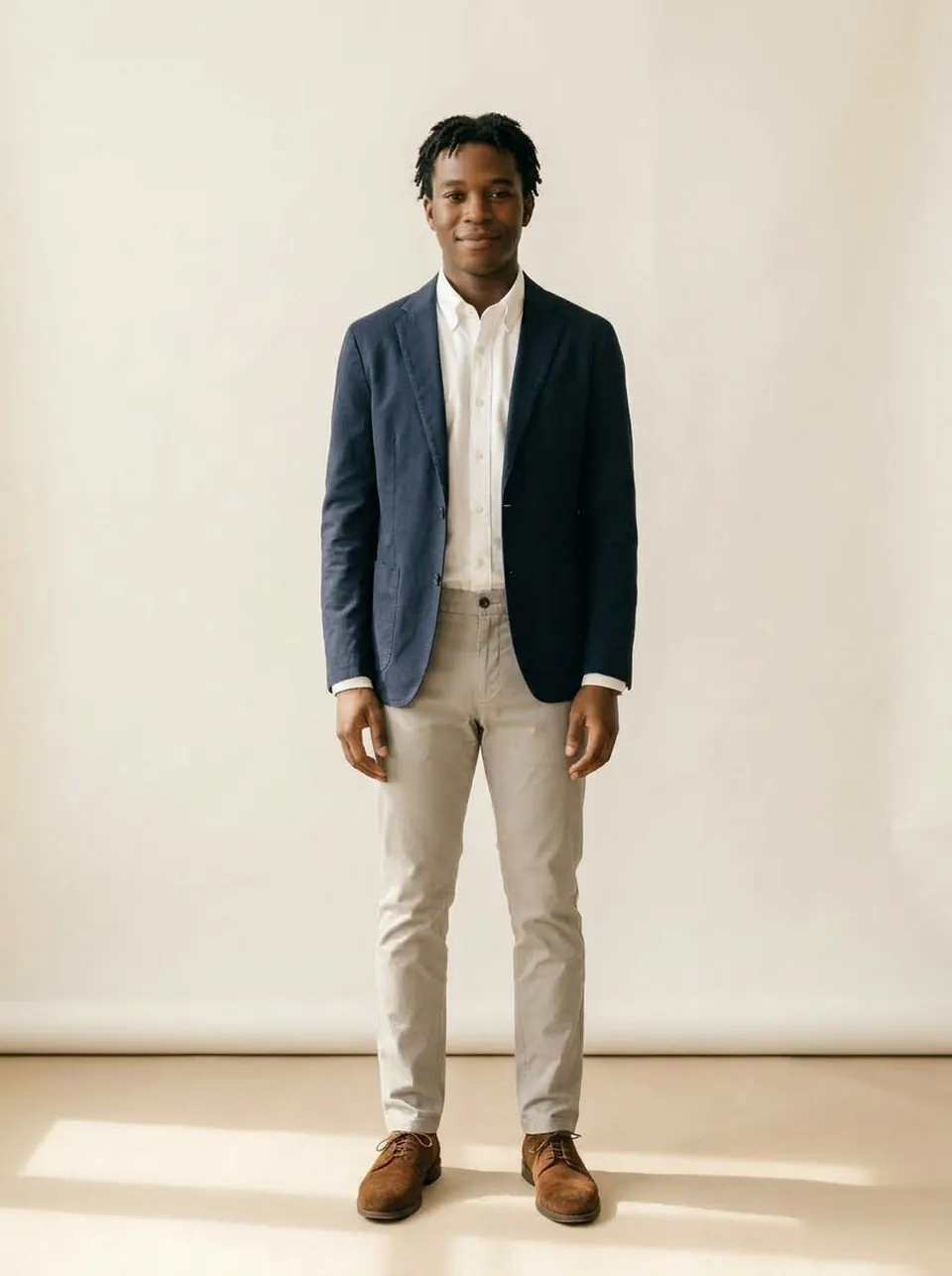 An avatar in a white shirt, navy blazer and stone chinos.